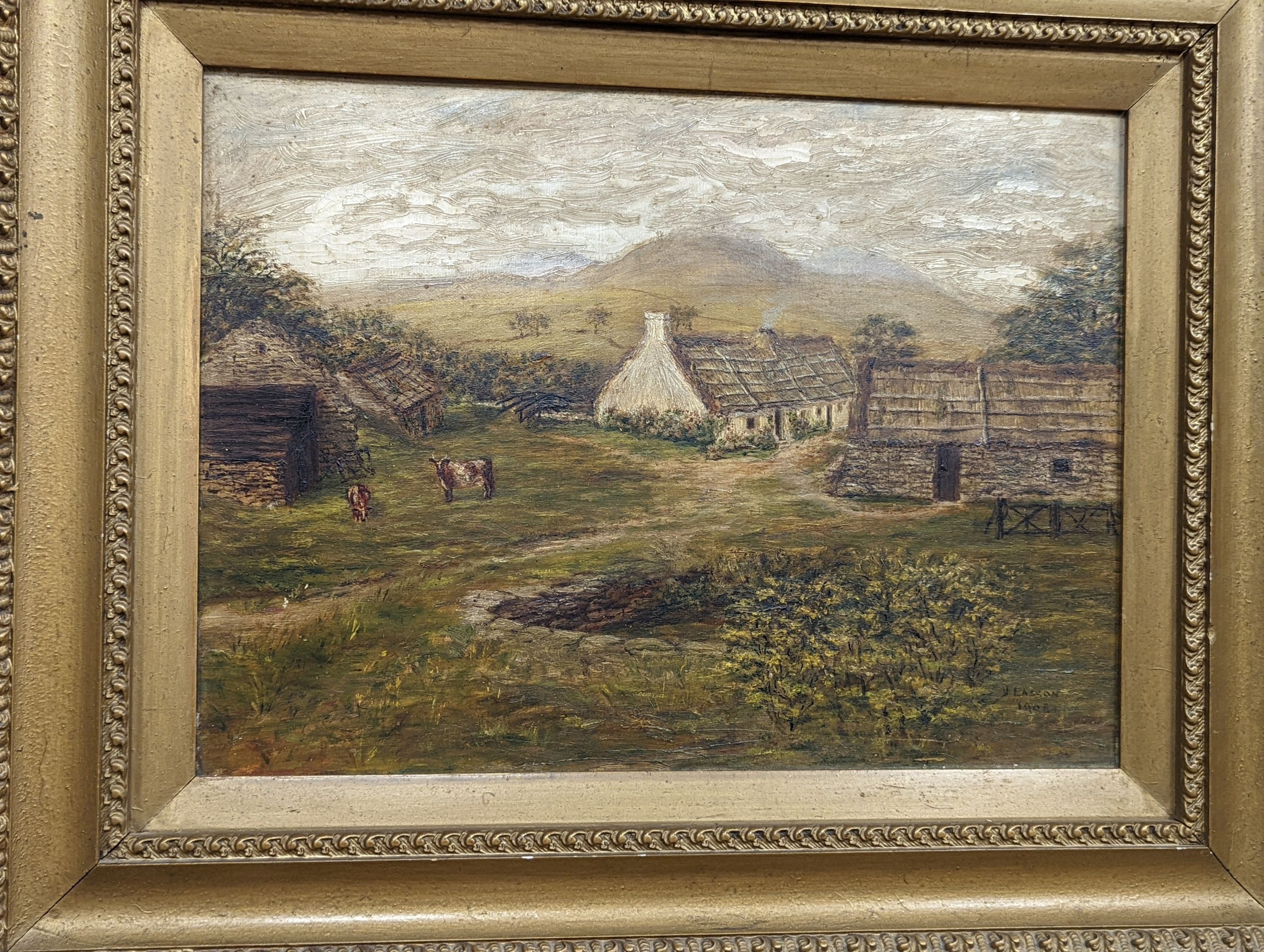 J. Lasson, oil on canvas, Crofters cottages 1903, 30 x 40cm and two other oils